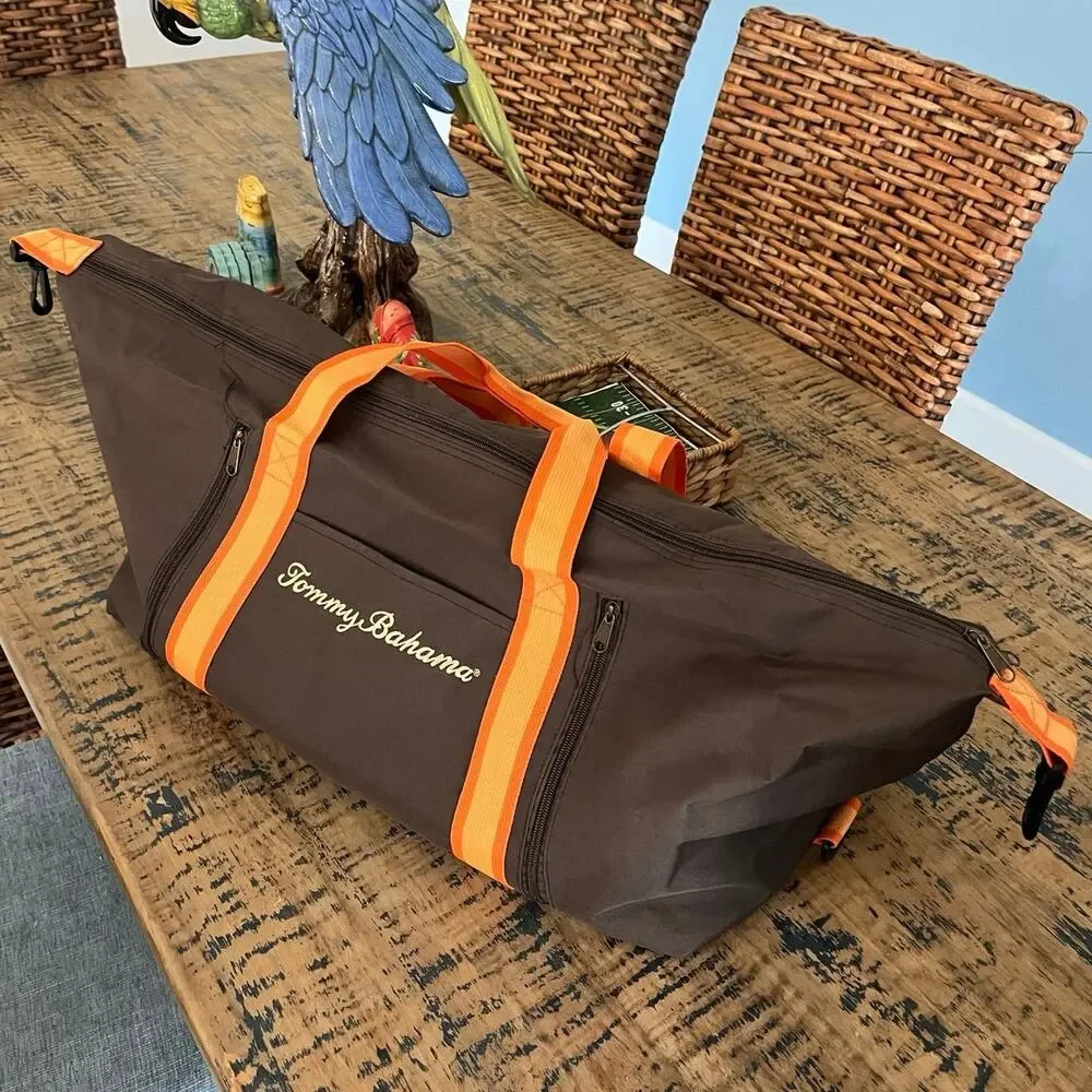 Tommy Bahama Duffle Bag Brown Canvas Orange Trim Weekender Travel Gym